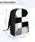 Clean Black And White Piano Grid Print Travel Backpack With Bold Front Art, Dope Laptop Daypack For Daily Commute And Fitness Trips, Slick Shoulder Bag That Truly Slays, showing size details.