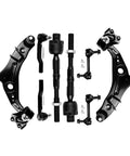 Flat lay of 8-piece front suspension kit for Ford Edge/Lincoln MKX; lower control arms, ball joints, sway bar links, tie rods