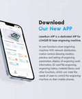 Smartphone displaying LaserBurn app for Longer B1 laser engraving machine control with network functions and engraving tools.
