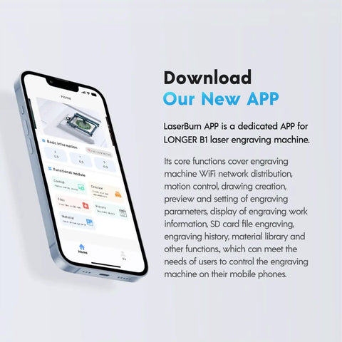 Smartphone displaying LaserBurn app for Longer B1 laser engraving machine control with network functions and engraving tools.