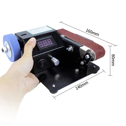 Mini Desktop Belt Sander With Smart Knife Sharpener And 61 Pcs Polish Grinder Kit displayed with digital display and dimensions.