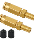 Two Pack Schrader Valve Adapter With Push To Connect Button For One Quarter Inch OD Air Hose Fittings For Semi Trucks And Trailers DOT Certified High Pressure Inflation Valve Up To Two Hundred PSI, showing two gold adapters and black caps