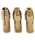 Heavy Duty Brass Micro Collet Chuck Adapter Set For Dremel Rotary Tools 0.5 To 3.2mm compatible bits, showcasing three brass adapters.