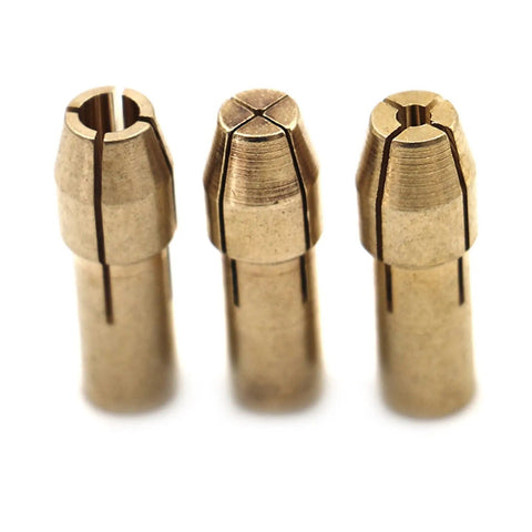 Heavy Duty Brass Micro Collet Chuck Adapter Set For Dremel Rotary Tools 0.5 To 3.2mm compatible bits, showcasing three brass adapters.