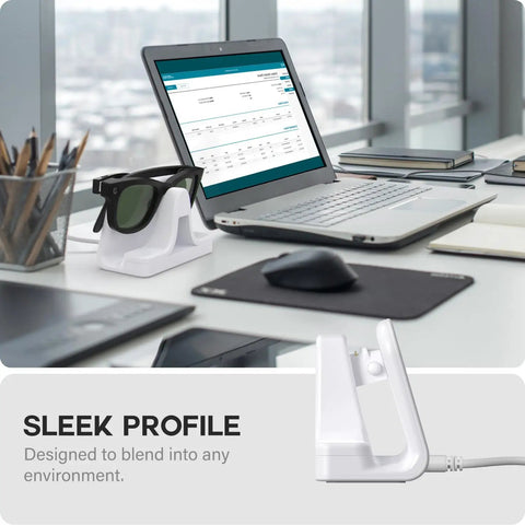 Slick Charging Stand With USB-C Cable For Ray-Ban Meta Smart Glasses Gen 1 And Gen 2 on a modern office desk.