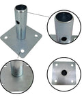 Four Pack Galvanized Scaffold Base Plates With Pins For Baker Style Scaffolding, Heavy Duty Stabilizers That Prevent Shake, 4 3 Fifths Inch Square Base, Stem OD 1 3 Eighth Inch, Stem Length 5 Inch, Fits Tubes Inside Diameter Over 1 3 Eighth Inch, galvanized base plate close-up