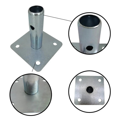 Four Pack Galvanized Scaffold Base Plates With Pins For Baker Style Scaffolding, Heavy Duty Stabilizers That Prevent Shake, 4 3 Fifths Inch Square Base, Stem OD 1 3 Eighth Inch, Stem Length 5 Inch, Fits Tubes Inside Diameter Over 1 3 Eighth Inch, galvanized base plate close-up