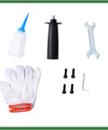 Raseparter 16mm Hydraulic Rebar Cutter accessories including gloves, bottle, screws, and wrench for construction use.