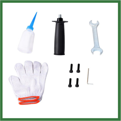 Raseparter 16mm Hydraulic Rebar Cutter accessories including gloves, bottle, screws, and wrench for construction use.