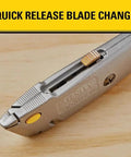 Close-up of 10-499 QuickChange Retractable Utility Knife With One Hand Blade Change, showing quick release blade and aluminum handle lock.