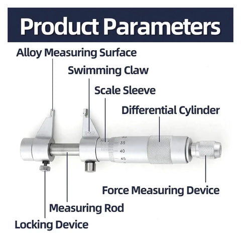 Digital Caliper, Micrometer Internal Diameter Measuring Tool with labeled components including alloy measuring surface and locking device.