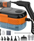 Heavy Duty Portable Handheld Steam Cleaner For Home And Auto Fast Fifteen Second Heat Up With Massive Water Tank And Sixteen Versatile Tips, showing unit and accessories.