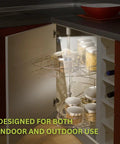 Ultra Bright Button LED Lights With Adhesive Backing Pack illuminating a kitchen cabinet with organized storage