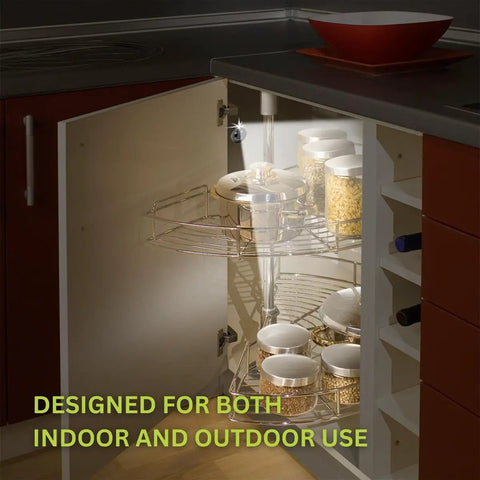 Ultra Bright Button LED Lights With Adhesive Backing Pack illuminating a kitchen cabinet with organized storage