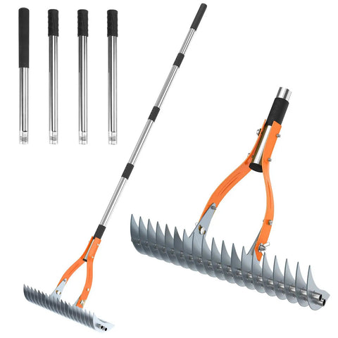 Thatch Rake Pro 19 Curved Steel Tines 15 Inch Lawn Dethatching Rake With Ergonomic Handle 70 Inch Reach for removing thatch