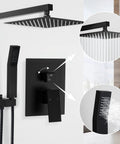 Matte Black 12 Inch Rainfall Shower Head System With Handheld Square Shower Head Luxury Rain Mixer Complete Combo Set Wall Mounted Brass Core Anti Clogging Nozzles Easy Clean Rust Resistant displayed with detail view in a bathroom setup