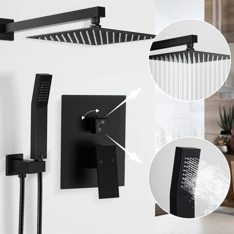 Matte Black 12 Inch Rainfall Shower Head System With Handheld Square Shower Head Luxury Rain Mixer Complete Combo Set Wall Mounted Brass Core Anti Clogging Nozzles Easy Clean Rust Resistant displayed with detail view in a bathroom setup