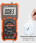 Auto Ranging Digital Multimeter for DIYers with 6000 counts shown measuring temperature in a glass with a probe.