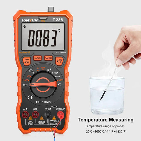 Auto Ranging Digital Multimeter for DIYers with 6000 counts shown measuring temperature in a glass with a probe.