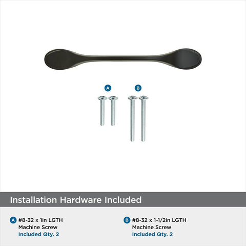 Matte Black Ravino Cabinet Pull 3 Inch Center-To-Center Transitional Drawer Handle with installation screws displayed