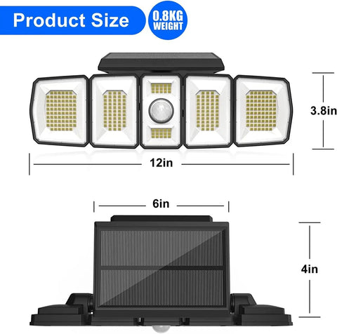 Outdoor Solar Flood Lights With 5 Heads, Remote Control Security Light With Motion Sensor, size dimensions and weight shown