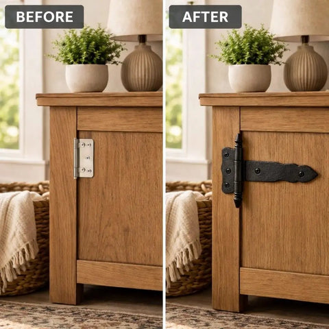 Before and after image of cabinet with Pack Of 2 5 Inch Black Wrought Iron Shed Door Hinges Antique Style Flush Mount Cast Iron Barn Door Hardware