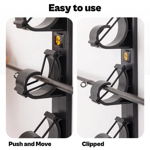 Wall And Ceiling Mount Fishing Rod Rack With Rubber Band Clamp Technology Holds Six Rods And Two Gear Hooks For Garage Storage 2 In 1 Design Lets You Install It Horizontally On A Wall Or From The Ceiling showing close-up of rubber clamps in use.