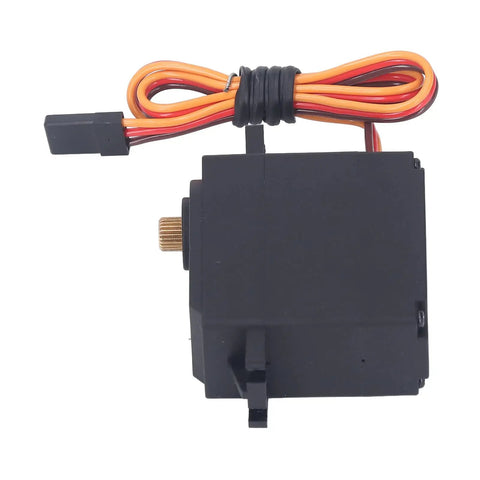 Heavy Duty RC Servo Motor With Copper Gears And Rock Solid Plastic Housing For ZD Racing Dbx07 1/7 Scale RC Cars, matte black, top view with wires.