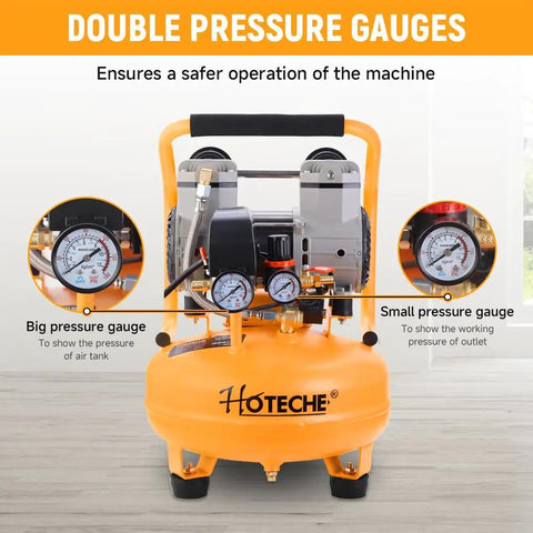 Hoteche 9 Liters Vertical Air Compressor, Matte Yellow Finish, Dual Display Gauge With Pressure Regulator And Ball Valve, 9A Powerful Motor, High Speed 3500Rpm, For Garage Shop And Auto Detailing Tasks