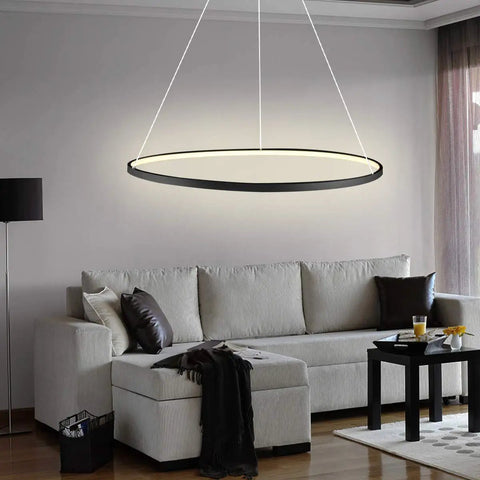 Living room with Modern LED Ring Pendant Light With Minimalist Halo Design, 31.5 Inch Ceiling Chandelier In White Finish