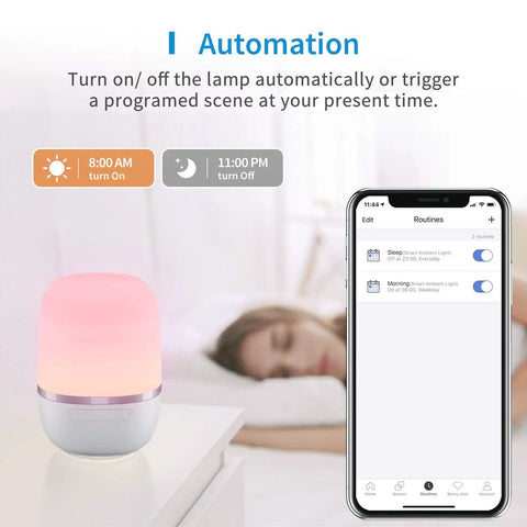 Smart WiFi Table Lamp For Bedroom With Voice Control And App Scheduling on nightstand with phone app showing automation settings