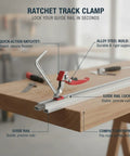 Quick-Action Ratchet Track Clamp for Guide Rails, heavy duty workbench fixture, locking rails on workbench in chrome vanadium steel