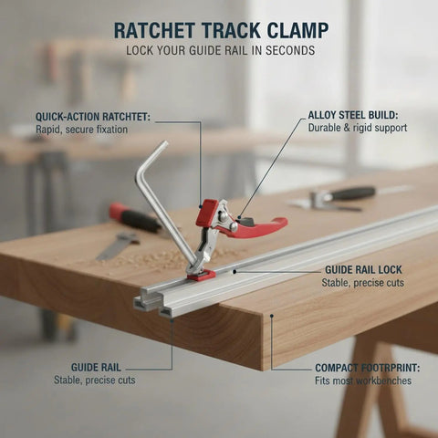 Quick-Action Ratchet Track Clamp for Guide Rails, heavy duty workbench fixture, locking rails on workbench in chrome vanadium steel