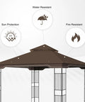 Replacement Gazebo Canopy 10 X 12 Ft Durable Outdoor Roof Cover For Regency II Patio Gazebo Fits L GZ798PST, L GZ798PST E, A111014400, A101004104, A101004105 Brown featuring sun, water, and fire resistance symbols.