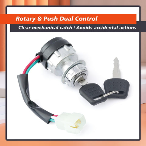 3 Way 3 Wire Rotary Push Button Ignition Switch Kit Replacement For Hammerhead SS150 GTS150 SS250 GTS250 LE150 Trailmaster 150cc 250cc Go Karts And American Sportworks 150cc Karts shown with keys and wiring
