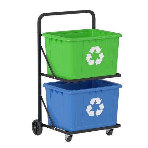 Ultra Heavy Duty Metal Recycling Cart With Butter Smooth Rolling Casters Dual Tier Premium Rust Resistant Steel Bin Stand For No Sweat Home Garbage Sorting Today with green and blue bins.