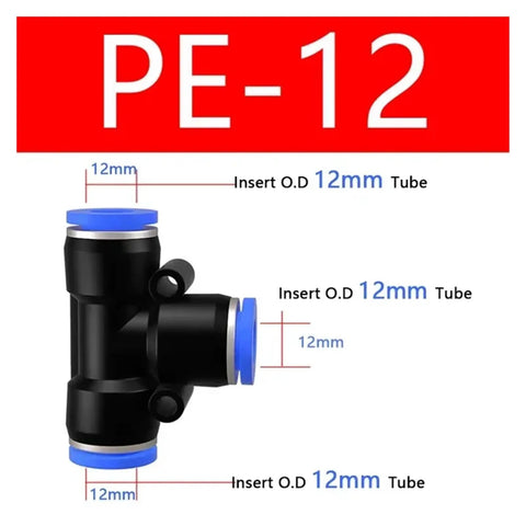Dope Pneumatic Quick Connect Tee Reducer Fittings Kit For Air And Water PE Plastic Pipe Adapters T Shaped 12mm PE12