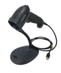 Voyager XP 1470G Handheld Corded Barcode Scanner 2D 1D PDF Postal Includes Stand And USB Cable shown with stand and cable