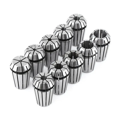 Pro Grade 10 Piece ER20 Collet Set for CNC Milling Lathe Engraving Tools, heavy-duty 65Mn spring steel in various sizes.