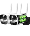 2K Wireless Outdoor Security Cameras with Spotlight Battery Powered WiFi Surveillance Color Night Vision Two Way Audio Alexa Compatible Pack of 2 Crazy Long Battery Life Up To A Year showcased with batteries inside