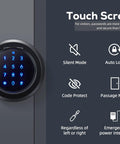 5 In 1 Fingerprint Smart Lock With Biometric Access, Black Finish, showing touchscreen keypad and security features icons.