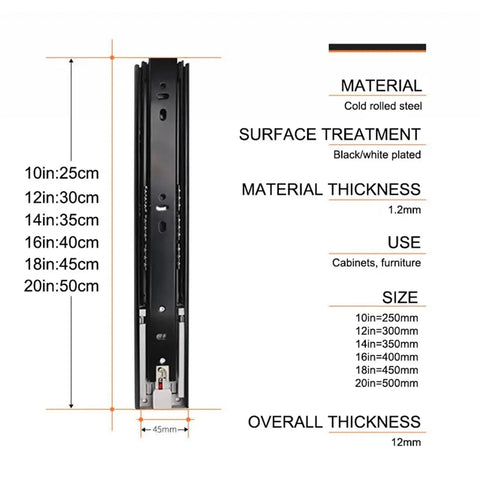 Push To Open 45mm Drawer Slides With Quiet Glide Three-Section Rail, Soft Rebound And Smooth Opening, Ten Inch Length, 25 Cm