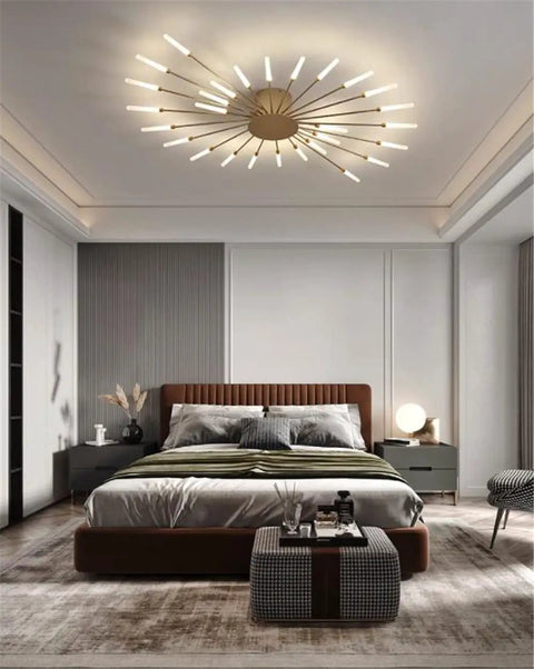 Bedroom with Starburst Style Modern Semi Flush Mount Ceiling Light With Acrylic Finish Close To Ceiling Gold Tone 12 Light Fixture Bulbs Included
