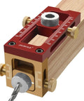 Pro Level 2 In 1 Cross Dowel Drill Guide Kit With Adjustable Pocket Hole Locator Precision aligned aluminum jig on wood.