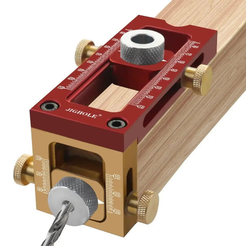 Pro Level 2 In 1 Cross Dowel Drill Guide Kit With Adjustable Pocket Hole Locator Precision aligned aluminum jig on wood.