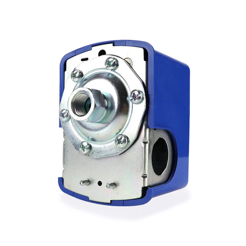 Front view of LF16 Water Pump Pressure Switch Adjustable 30 50 Psi For Well And Sump Pumps, blue casing with metal components.
