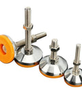Beastly Tough M12 Leveling Feet For Furniture And Machinery, 4 Pack, Adjustable Floor Protectors With PVC Anti Slip Cushions, 117mm Height, 80mm Base Diameter, 87mm Thread Length, Ideal For Shelves, Equipment, And Industrial Setups. M12 steel leveling feet with orange PVC cushions