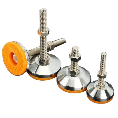 Beastly Tough M12 Leveling Feet For Furniture And Machinery, 4 Pack, Adjustable Floor Protectors With PVC Anti Slip Cushions, 117mm Height, 80mm Base Diameter, 87mm Thread Length, Ideal For Shelves, Equipment, And Industrial Setups. M12 steel leveling feet with orange PVC cushions