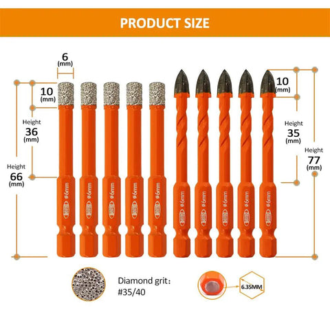 Dry Diamond Drill Bits Set, 10-Piece, 1/4 Inch Shank, Diamond Tile Bits and Carbide Tip Bits for Ceramic Porcelain Glass Marble Granite