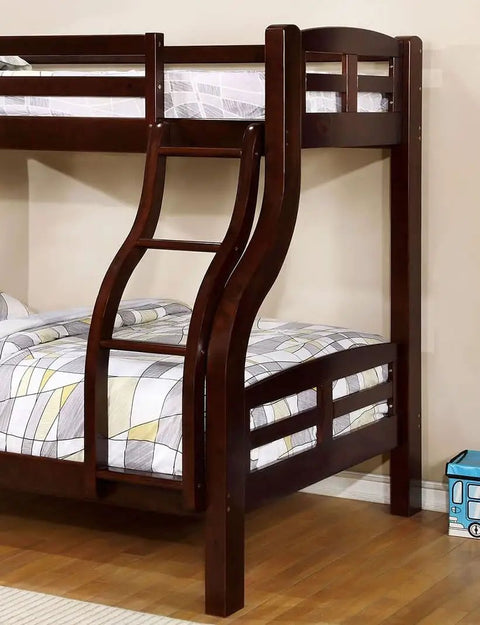 Espresso Twin Over Full Loft Bed With Attached Curved Ladder And Upper Bed Rails Kid Friendly Bedroom Furniture